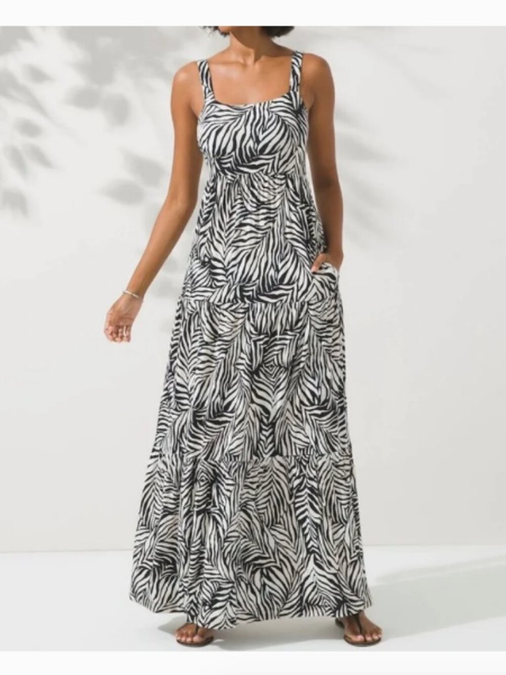 SOMA Trapeze Maxi Bra Dress Palm Print Black Cream NWT XS Tiered Vacation Beach
